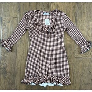 NWT Urban Outfitters Gingham Long Sleeve Dress Size Small Boho Neutral